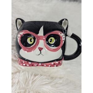 NWT Black Cat Mug with Pink Glasses and Polka Dot Pink Bow